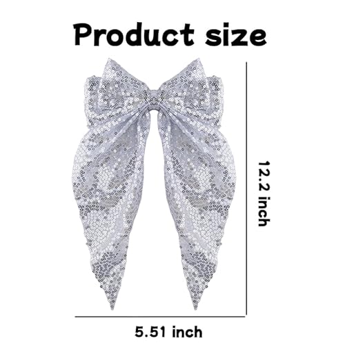 Silver Glitter Bow Hair Clip Sparkly Long Tail Hair Bow Clip Christmas Hair Clips Barrettes for Women Girls Extra Large Bling Bow Hair Clips for Women Silver Christmas Hair Accessories for Girls Women
