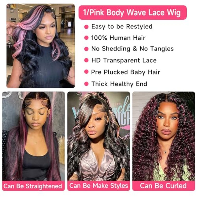 28Inch Skunk Stripe Human Hair Wig 200% Density Pink and Black Wig 13x4 Body Wave Lace Frontal Wigs Human Hair Pre Plucked Pink Human Hair Wig With Baby Hair