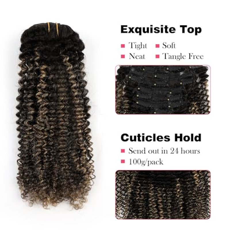 Sassina Kinky Curly Clip in Hair Extensions for African American Women Clip ins Human Hair Extensions Full Head Natural Black to Strawberry Blonde 20 Inch 120 Gram 7 Pcs #T1B/1BP27