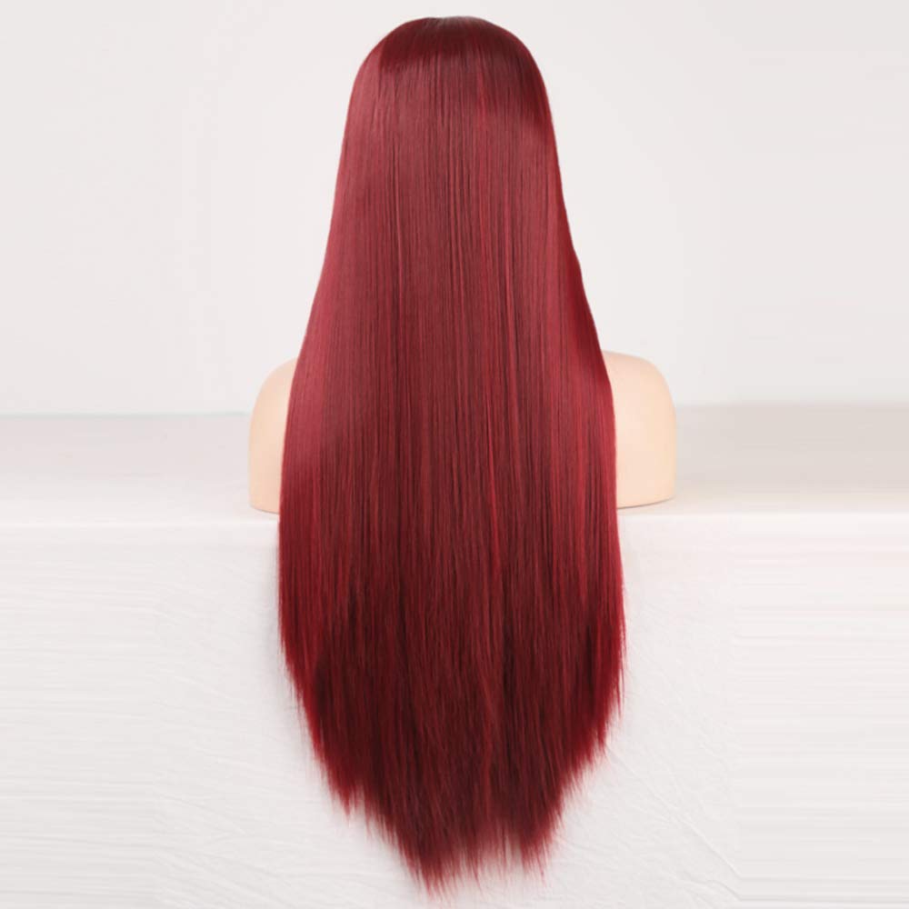 RDY Wine Red Wig Long Silky Straight Burgundy Synthetic Lace Front Wig for Women Cosplay Wig with Pastel Heat Friendly Fiber Glueless Wig Half Hand Tied Frontal Lace Wigs with Natural Hairline 20 Inch