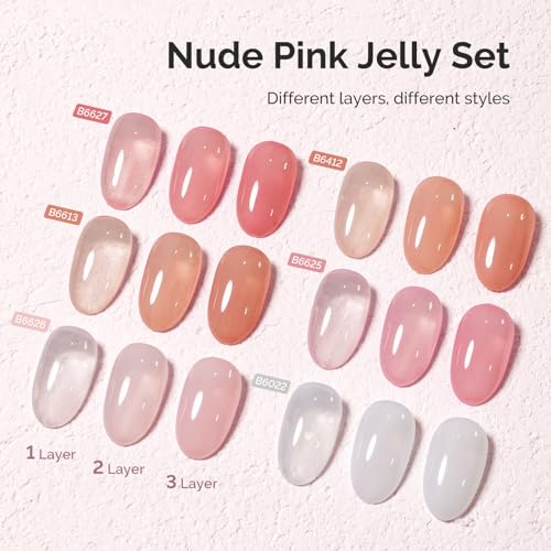 MelodySusie Jelly Gel Nail Polish Set,6 Transparent Colors,Milky or Jelly Texture,Classic Basic Colors Soak Off UV LED Light Cure or Salon Manicure and Nail Art DIY at Home