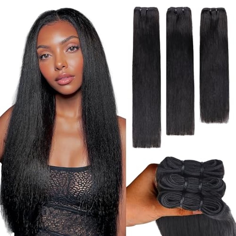 Lashey Human Hair Bundles Light Yaki Straight 100% Virgin Human Hair Soft and Bouncy Double Weft Hair Extensions Natural Black 12 14 16 Inches (3 Bundles Total 240 grams)