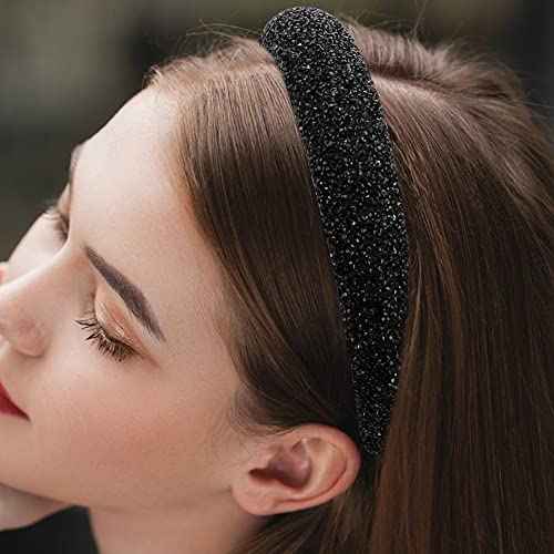 Black Rhinestone Padded Sequin Diamond Glitter Sparkle Jeweled Bling Headbands for Women's Hair