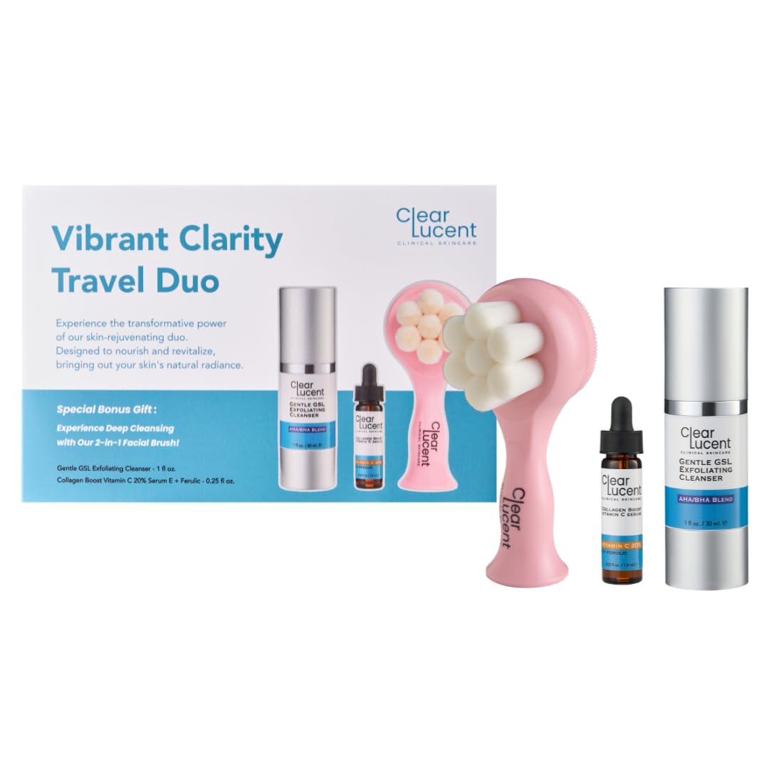 Vibrant Clarity Travel Skincare Set  | TSA‑Friendly GSL AHA/BHA Exfoliating Cleanser & 20 % Vitamin C + E + Ferulic Serum with Facial Brush & Travel Pouch | On‑the‑Go Glass Skin - 2‑Piece Set