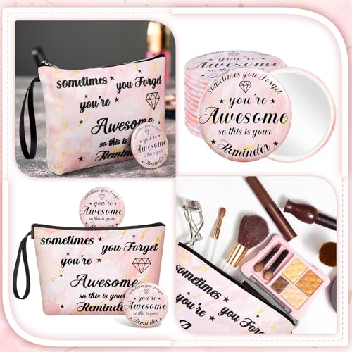 Xuniea 24 Pcs Inspirational Gifts for Women Bulk 12 Motivation Canvas Makeup Bags 12 Round Portable Pocket Mirror for Team Employee Coworker Housekeeping Appreciation Thank You Gifts(Awesome)