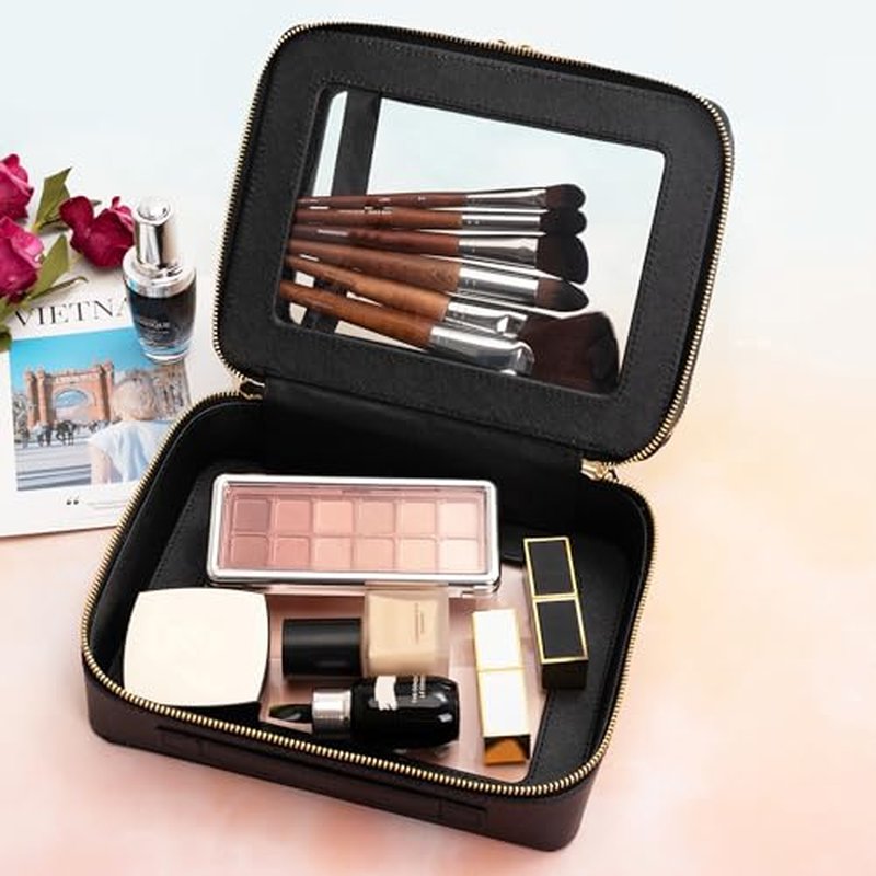 Aveniee XL Clear Makeup Organizer,Double Layer Travel Cosmetic Case with Brush Holder & Zippered Compartments,Big Toiletry Bag for Travel Accessories,2 Layers Large,Black