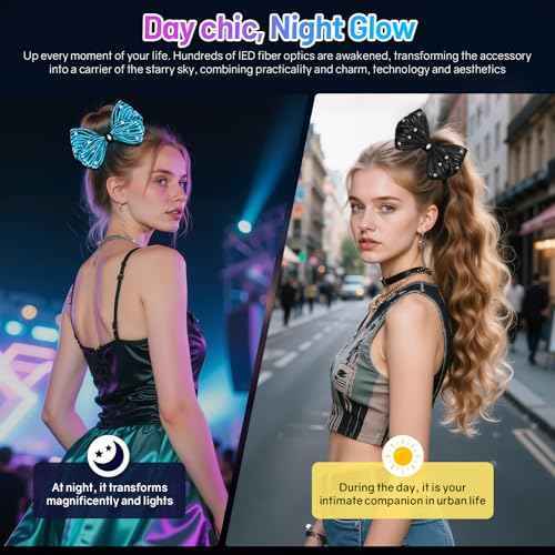 LED Bow Hair Clips 7 Colors Light up Hair Accessories Rhinestone Rave Clips Cute Headpiece Glow Hair Barrettes for Women