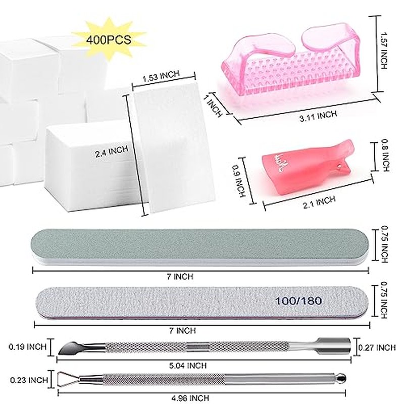 Gel Nail Polish Remover Tools Kit, with 10 Pcs Nail Clips, 400 Pcs Lint Free Nail Wipes, Nail Files 100/180, Buffer Block 400/4000, Nail Brush, Cuticle Pusher, Cuticle Peeler (Pink)
