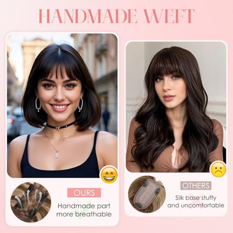 S-noilite Hair Toppers for Women with Bangs Real Human Hair 360¡Æ 3D Cover Clip in Bangs 2X6 Coverage Clip in Hairpiece for Women with Thinning Hairline 14Inch (Medium Brown/Dark Blonde)