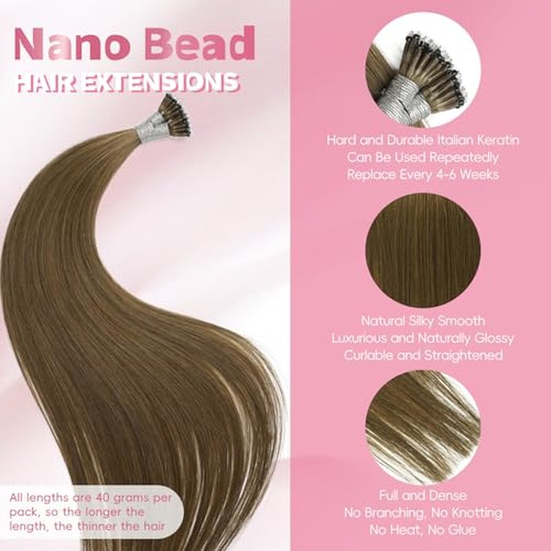 Nano Hair Extensions Human Hair 7#-ChocolaNanoe Brow 22inch 40G/40S/Pack Nano Bead Hair Extensions Human Hair Nano Ring Hair Long Straight For Women