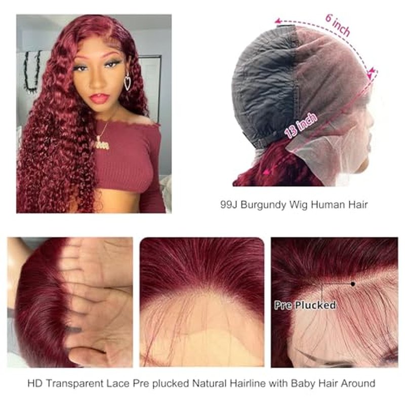 Burgundy Wig Human Hair 99j Burgundy 13x6 Deep Wave Lace Front Wigs Human Hair Pre Plucked HD Transparent Lace Frontal Wigs for Black Women Red Colored Wig 22 Inch