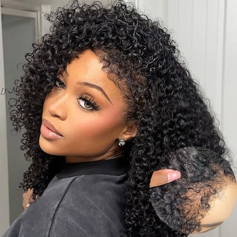 4C Edges Kinky Curly Lace Front Wigs Human Hair 200% Density Deep Wave Curly Wig Pre-Plucked Hairline 13x4 HD Transparent Lace Frontal Wigs With Curly Edges Baby Hair£¨16 Inch Natural Black£©