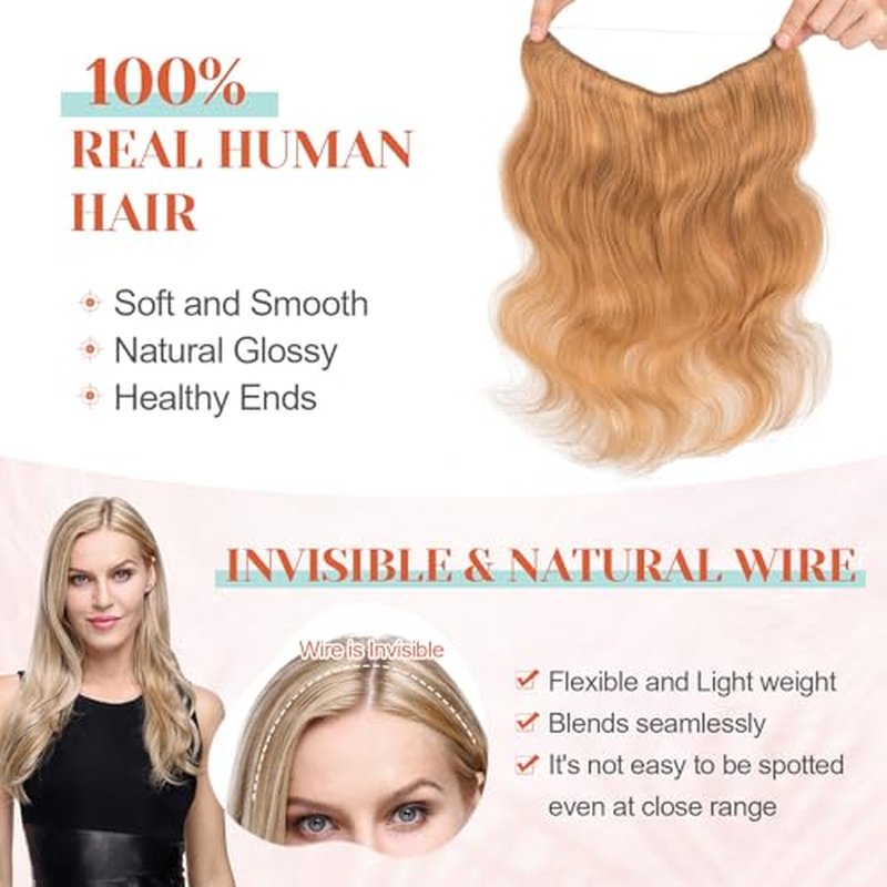Benehair Halo Hair Extensions Real Human Hair, Blonde Wavy Halo Extensions, 18inch Dark Blonde 65g