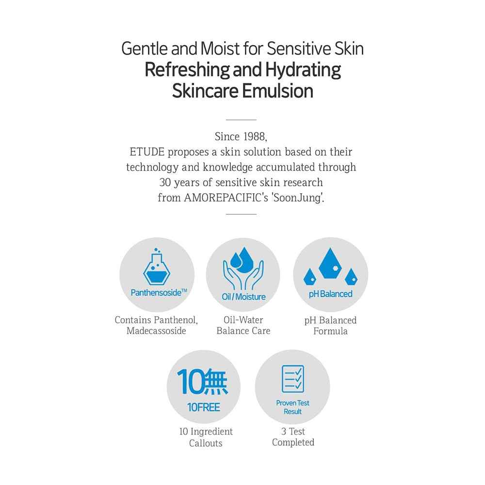 ETUDE SoonJung 10 Free Moist Emulsion, Face Moisturizer, Non-Sticky Lotion for Sensitive Skin, pH Balanced Formula, Panthenol, Madecassoside, Korean Skin Care, Beauty (4.39 Fl Oz)