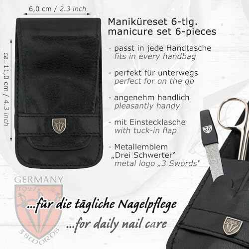 3 Swords Germany - brand quality 6 piece manicure pedicure grooming kit set for professional nail care with black synthetic leather case - Made in Germany