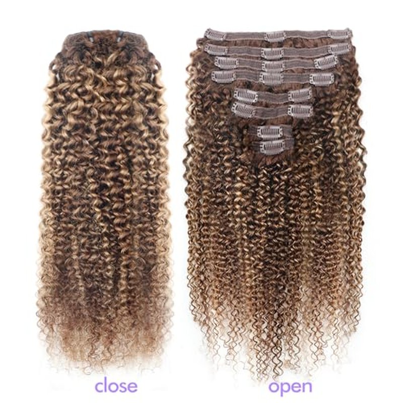 Curly Clip In Hair Extensions Real Human Hair Clip Ins Balayage Chocolate Brown to Caramel Blonde Human Hair Extensions 8Pcs with18clips 120g/Set (24 inch£¬#4/27/4)