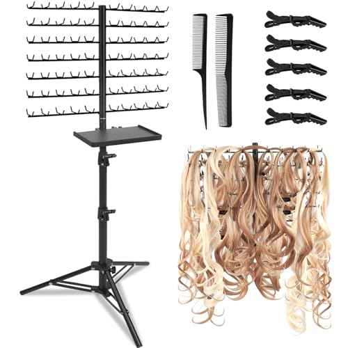 BRIAN & DANY 140-Peg Braiding Hair Rack Standing, Height Adjustable Hair Extension Holder with Salon Tray, Hair Separator Stand for Hairstylist Braiders, Black