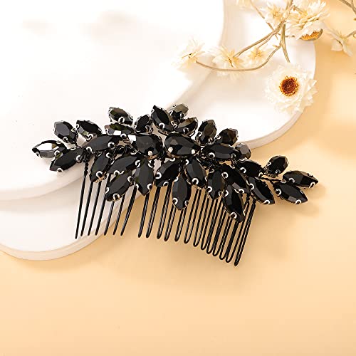 Teyglen Hair Comb, Crystal Bride Wedding Hair Comb Full Black Rhinestone Side Comb Bridal Hair Piece Accessories for Bride Women Girl (Black, 11 * 6 cm / 4.33 * 2.36 inches)