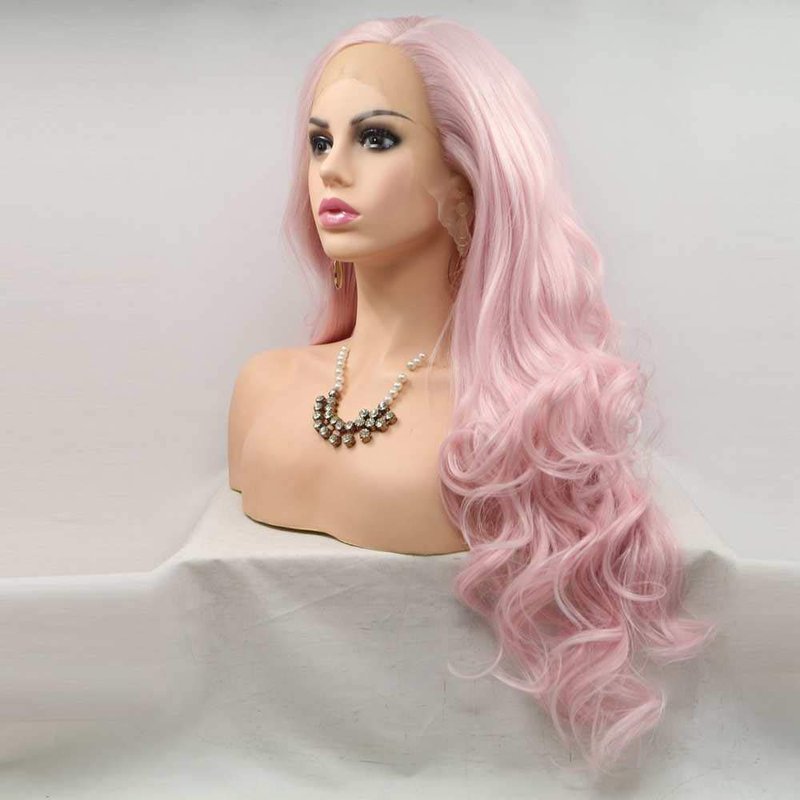 xiweiya Baby Pink Wig Long Body Wave Light Pink Synthetic Lace Front Wigs Heat Resistant Fiber Hair Wig Middle Part Cosplay Wigs 24inch