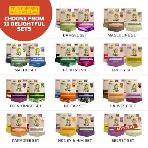 Moisturizing Cold Process Artisan Natural Bar Soap Gift Set for Women - 4pk Honey & Him Scent: Cherry Almond, Oatmeal Milk Honey, Oakmoss Lavender, & Mechanics Soap