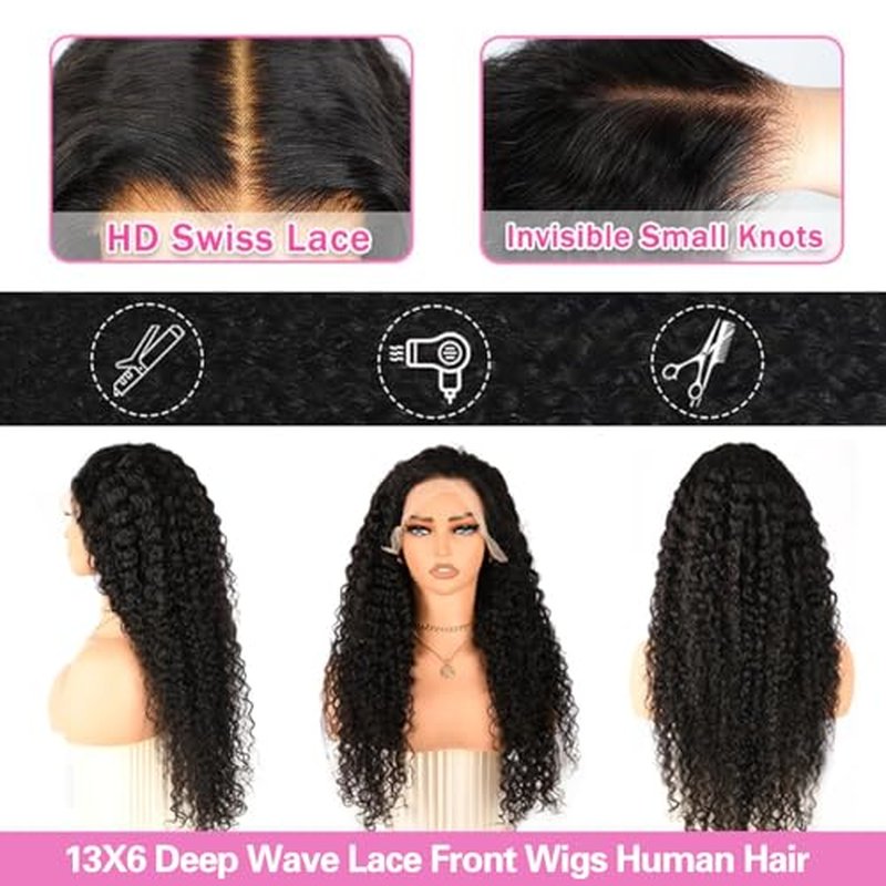 Deep Wave Lace Front Wigs Human Hair 200 Density 13x6 HD Transparent Lace Front Wigs for Women Pre Plucked Deep Curly Lace Frontal Wig Human Hair Glueless Wigs Natural Black 28 Inch