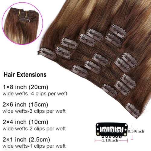 ORIGEN Clip in Hair Extensions Real Remy Human Hair Chocolate Brown to Caramel Blonde Highlights Straight Hair for Women 7pcs 80g 14 Inches