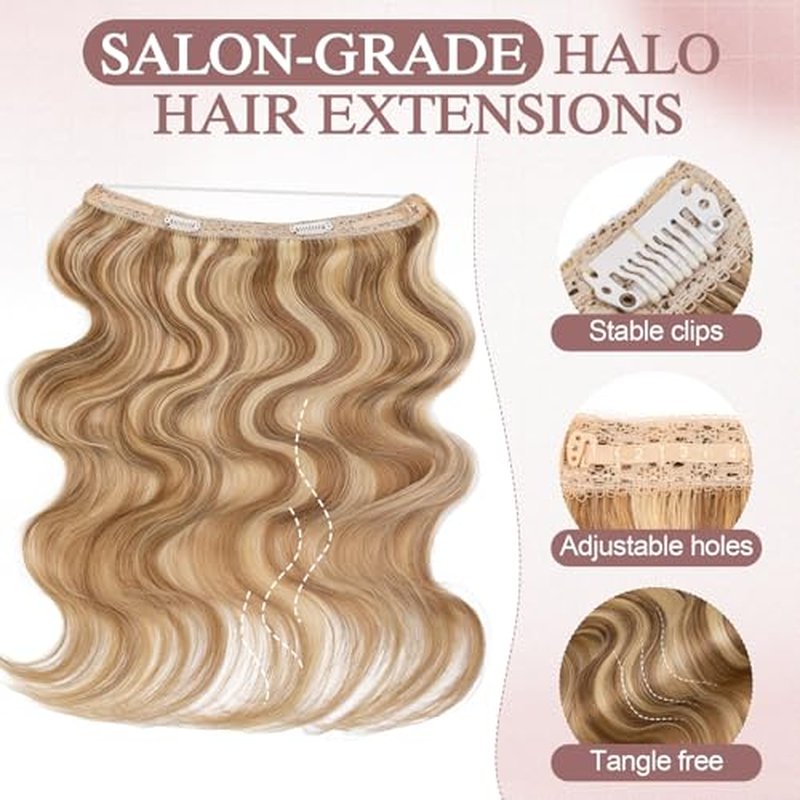 Halo Hair Extensions Real Human Hair Wavy Invisible Wire Hairpiece Adjustable One Piece With 2 Secure Clips For Women to Add Length,18 Inch 12P613 Golden Brown Mixed Bleach Blonde,65g