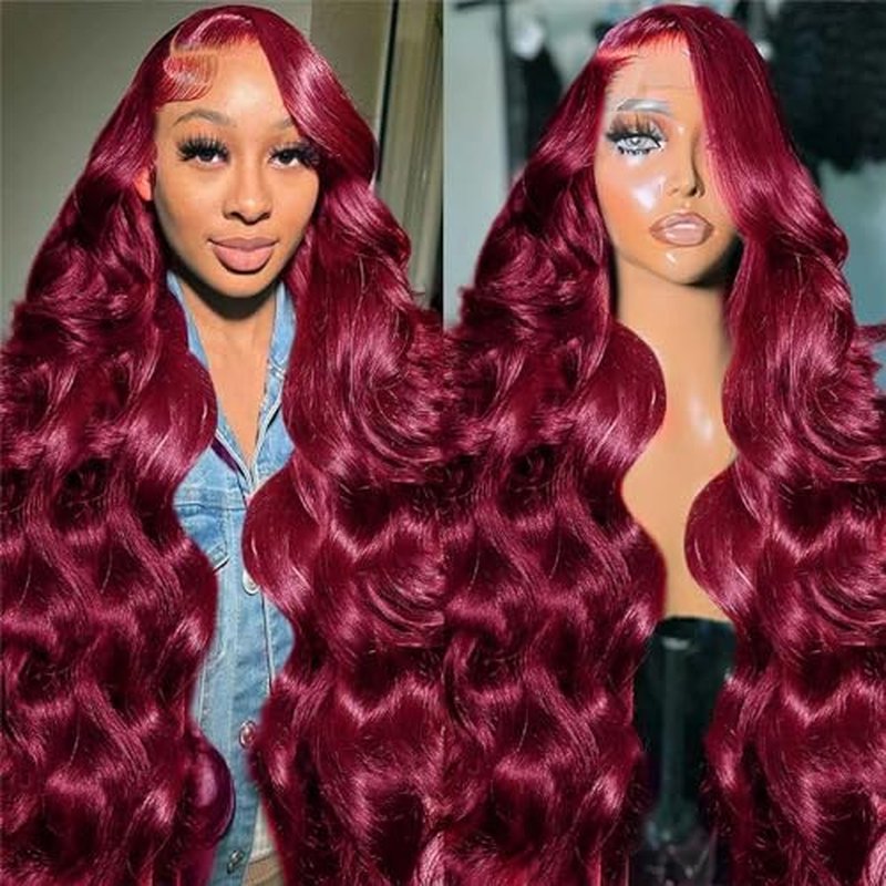 Burgundy Lace Front Wigs Human Hair 24 Inch 99j 13x6 Body Wave Wigs Human Hair 180% Density Preplucked Full and Thick,100% Real Human Hair No Synthetic Blend No Tangle No Shedding Triple Lifespan 3X