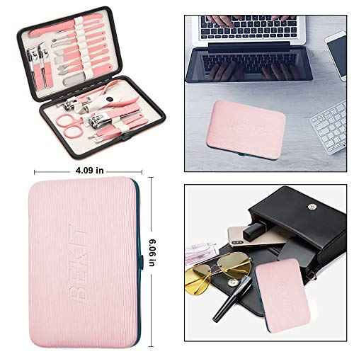 Manicure Set 18 in 1 Stainless Steel Professional Pedicure Kit Nail Scissors Grooming Kit Travel Case B01-Pink