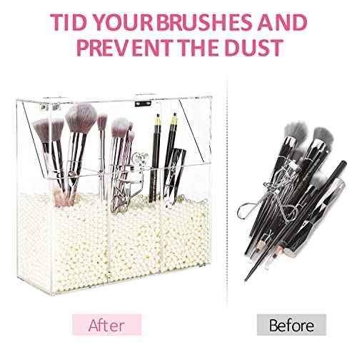 YestBuy Clear Makeup Brush Holder, Acrylic Makeup Brush Organizer For Vanity, Cosmetic Brush Storage Box with Pearls, For Bathroom, Bedroom, Vanity Countertop