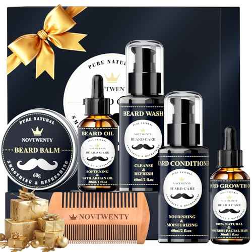 Beard Growth Kit - 7 Pcs Beard Care Kit for Men, Includes Beard Wash, Beard Oil&Growth Oil, Beard Conditioner, Beard Balm, Beard Comb, Gift Box Set for Boyfriend Husband Fathers, Navy