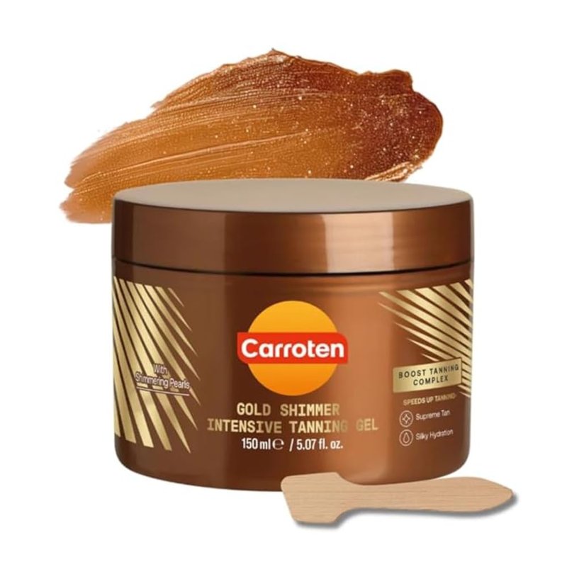 Carroten Gold Shimmer Tanning Gel | Browning Tan Accelerator | Non-Greasy, Water-Resistant with Carrot & Coconut Oil | Vitamin A & E For Moisture & Hydration | 5 Fl Oz + Spatula