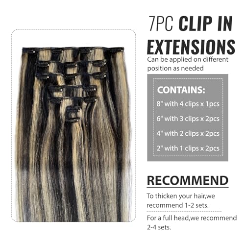 Belaved Clip in Hair Extensions, 20 Inch 70g Black Mix Blonde Clip in Hair Extensions Real Human Hair 7pcs Straight Double Weft Nature Ends
