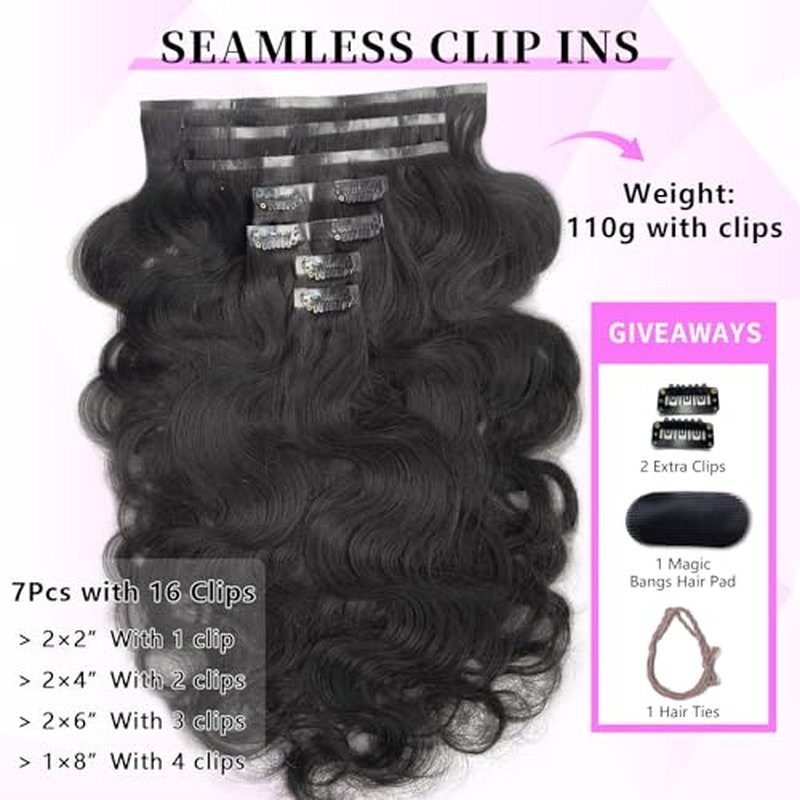 22 inch Seamless Body Wave Clip in Extensions Real Human Hair Extensions Clip Ins 110g 7pcs Thick Invisible Clip in Hair Extensions #1B Natural Black