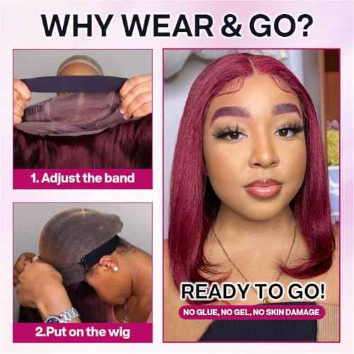 Wear and Go Glueless Bob Wig Human Hair 200% Density 5x5 HD Lace Closure Wigs For Black Women Glueless 5x5 Closure Wigs Human Hair Pre Plucked Bob Burgundy Color 14 Inch