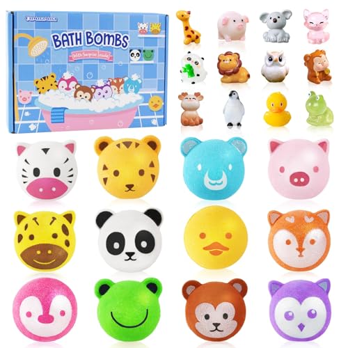 Bath Bombs for Kids with Surprise Toys Inside, 12 Pcs Bubble Bath Fizzy Balls with 12 Animal Shapes, Natural Bath Bombs Easter Christmas Children's Day Gift Set for Kids Girls Boys Toddlers