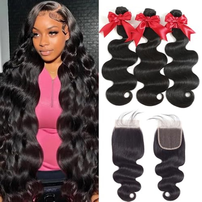 12A Human Hair Bundles with Closure 18 20 22 with 16 Inch Brazilian Body Wave 3 Bundles Human Hair with 4x4 HD Lace Closure 100% Unprocessed Virgin Human Hair Weave