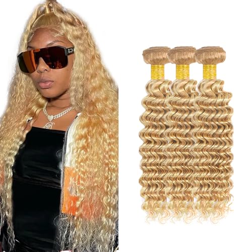 P27/613 Human Hair Bundle Blonde Deep Wave Bundle 613 Wet and Wavy Bundles 30 30 30 inch #27 and #613 Deep Curly Bundles