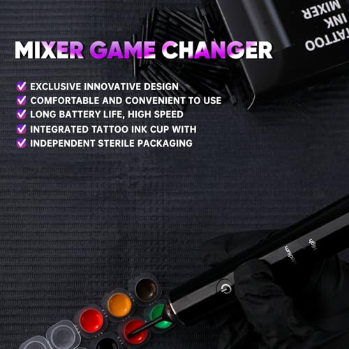 Tattoo Ink Mixer Gun Machine, Mixer Game Changer, 3 Adjustable Speeds Wireless Mixer, Without Continuous Pressing, New Rotary Tattoo Pigment Mixer Set with 100Pcs Mixing Sticks (New Mixer, Black)