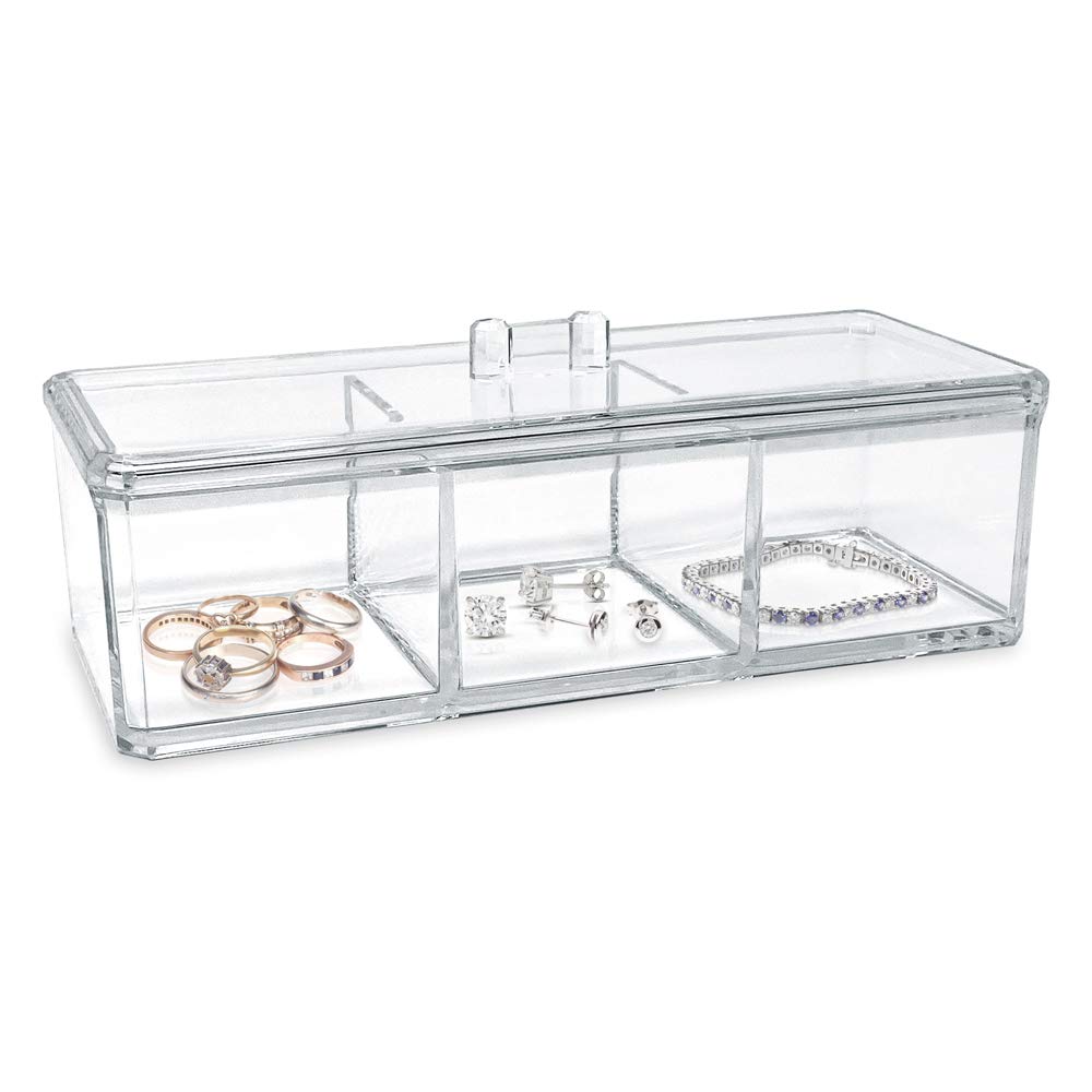 Isaac Jacobs 3-Compartment Clear Acrylic Rectangular Stackable Organizer with Lid, Multi-Sectional Drawer Tray, Storage Solution for Makeup, Craft Supplies, for Bathroom, Kitchen, Office (2, Clear)