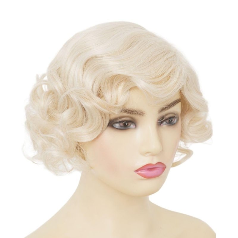 Dai Cloud Short Blonde Finger Wave Wig for Women 1920s Curly Synthetic Flapper Wig Heat Resistant Side Part Vintage Halloween Cosplay Costume Hair Wigs