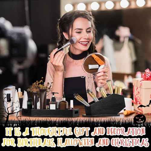 Juexica 2 Pcs Halloween Coffin Decor, Halloween Coffin Tray and Makeup Brush Holder Organizer, Spooky Gothic Home Decor, Gothic Serving Tray Makeup Organizer for Vanity, Witchy Gifts for Women