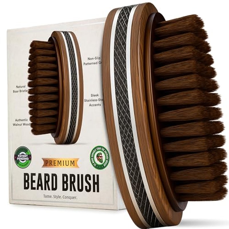 Premium Handmade 4.5" Boar Bristle Beard Brush for Men ? Natural Walnut Wood & Non-Slip Rubber Grip ? Men¡¯s Grooming Brush for Short, Medium & Long Beards ? Mustache & Beard Care Tool ? Alpha Organics