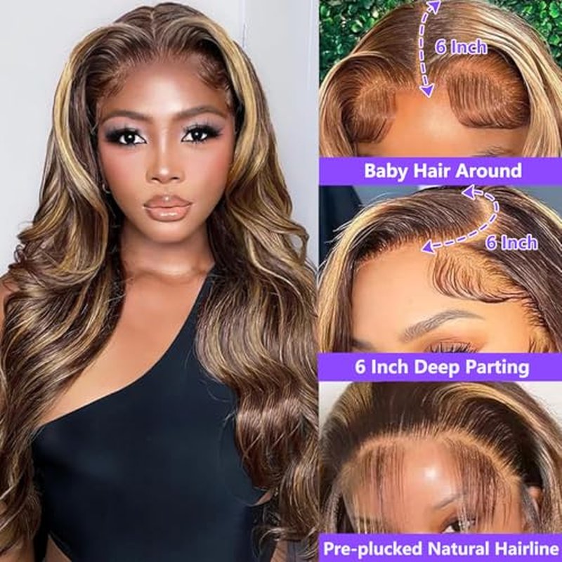 Honey Blonde Ombre Lace Front Wig Human Hair Highlight Body Wave 13X6 Lace Front Wigs 180 Density Glueless 4/27 Highlighted Human Hair Wig 26 Inch