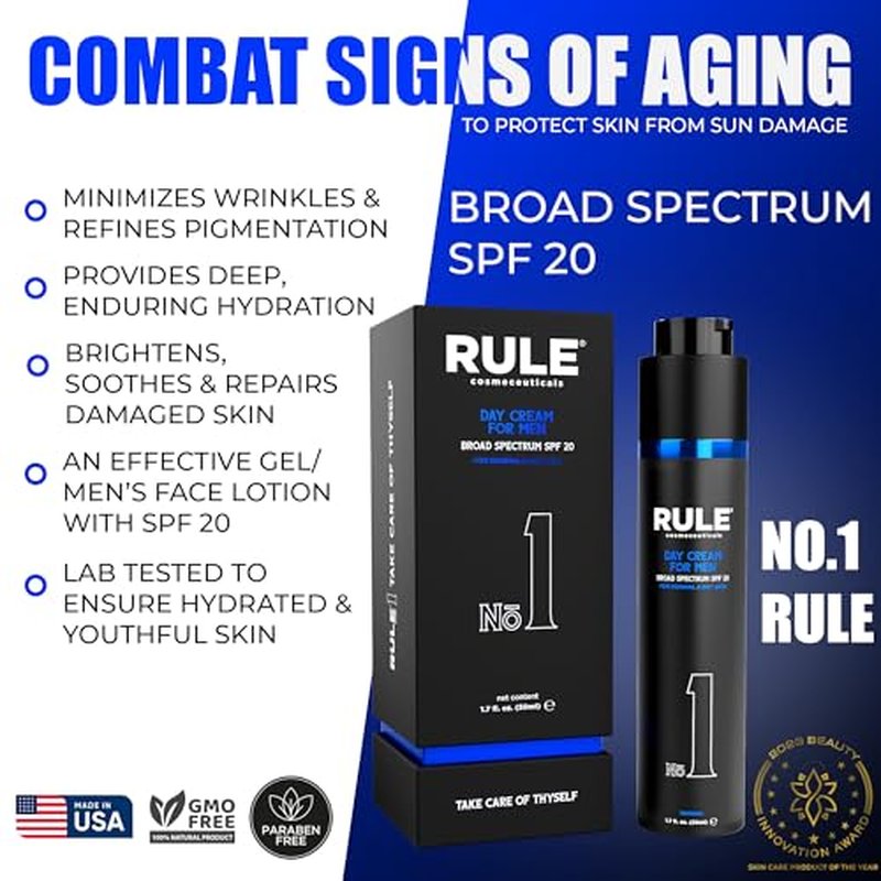 No.1 Day Cream for Men, 10-in-1 Anti-Aging Face Moisturizer to Reduce Wrinkles & Dryness, SPF 20, Collagen, Vitamins B, C & E - Normal & Dry Skin - Original, 50 mL
