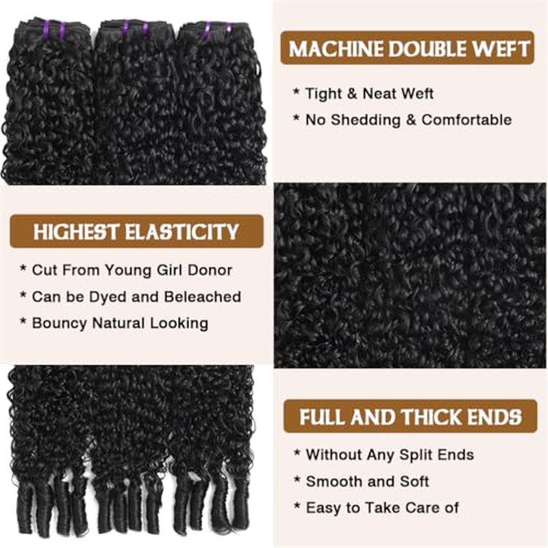 Burmese Curly Human Hair Bundles 16 18 20 Inch Water Wave Bundles with Spiral End 100% Unprocessed Quick Weave 3C4A Virgin Remy Hair Double Weft for Women Natural Black