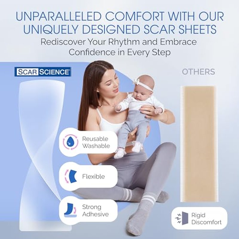 C Section Scar Silicone Strips for Surgical Scars, Tummy Tuck, and Postpartum Recovery - Tape for Scars - Reusable Silicone Scar Sheets - C Section Recovery Must Haves - Large 7-Inch Size, 8-Pack
