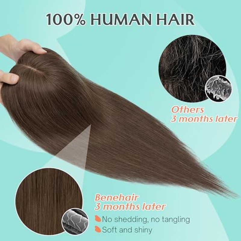 Benehair Human Hair Topper for Women - 9 * 12CM Silk Base, No Bangs, 150% Density, 100% Remy Hair Piece for Thinning Hair - Dark Brown, 12 Inch