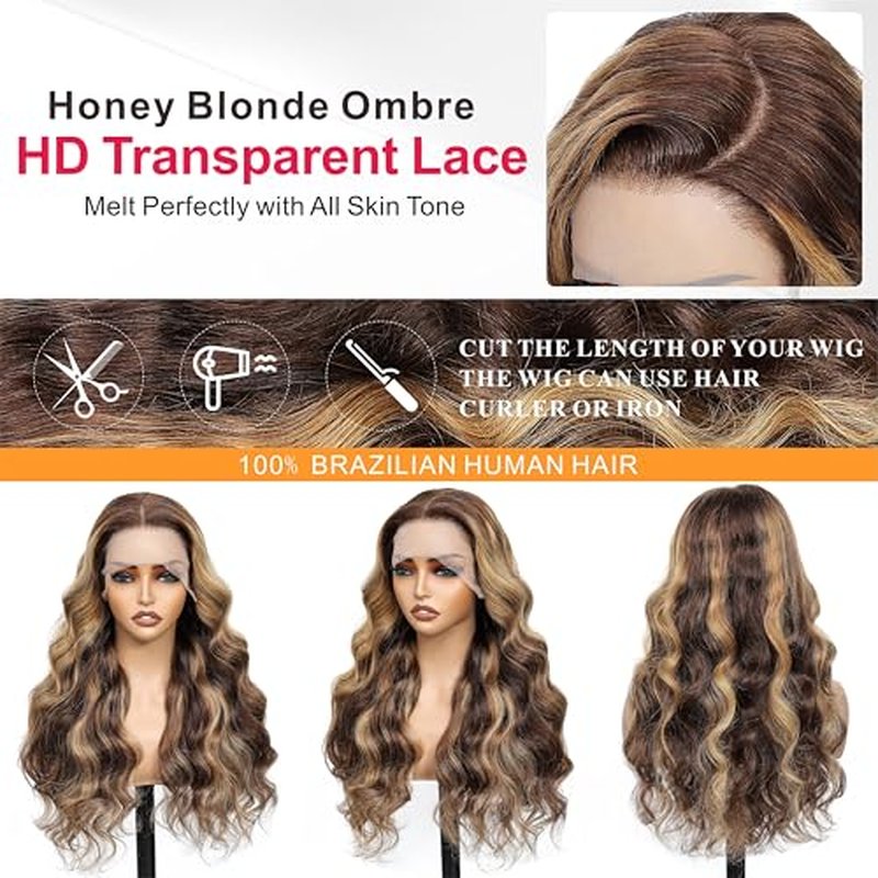 Honey Blonde Ombre 13x6 Lace Front Wigs Human Hair 200% Density Highlight Body Wave HD Lace Front Wigs Pre Plucked Glueless P4/27 Colored Wig for Women Average Cap Tangle Free 24in