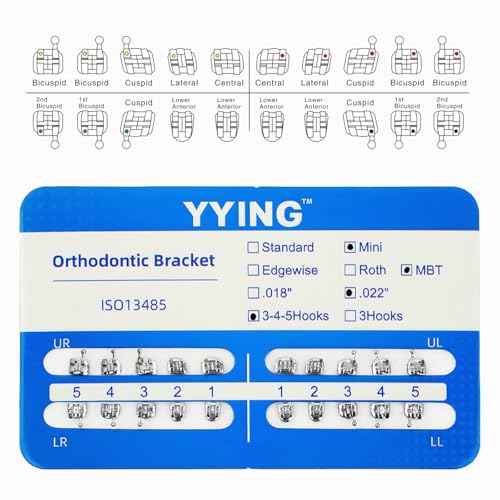 YYING 5 Packs Orthodontic Metal Brackets Dental Braces Mini MBT Slot.022 with Hooks 3-4-5